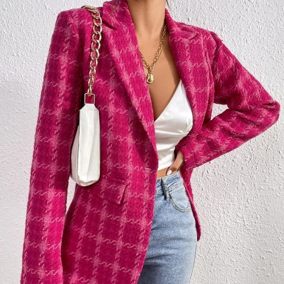 Pink Preppy Womens Plaid Lapel Collar Overcoat - Picture 5 of 5